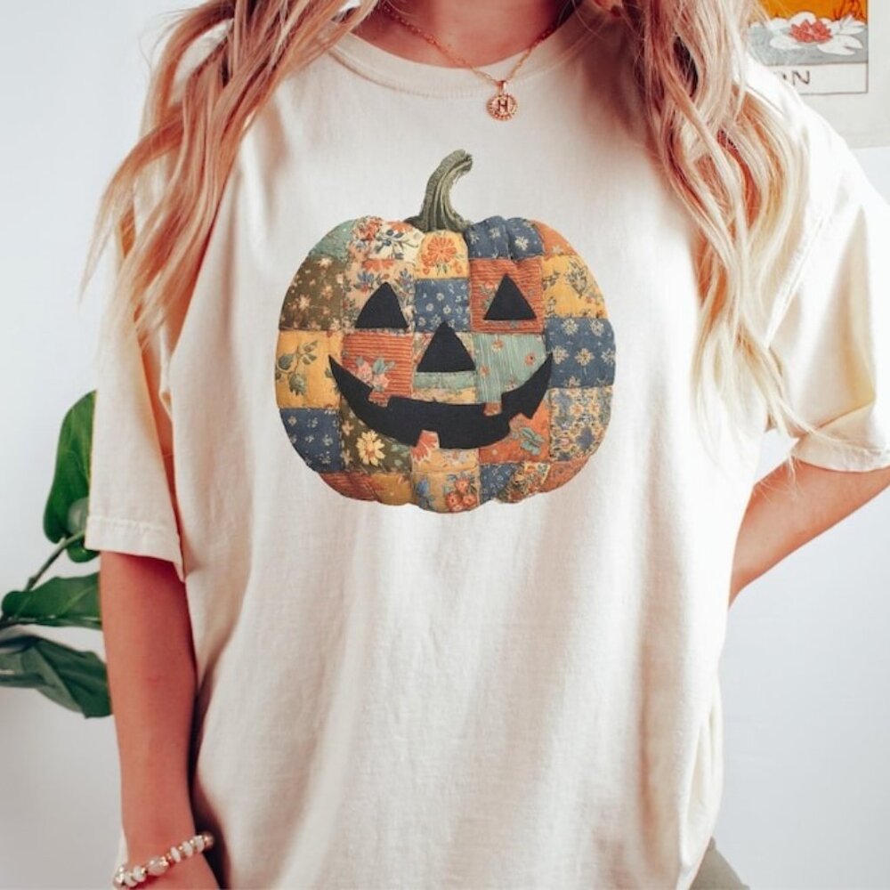 Retro Patchwork Halloween Pumpkin Tee - image 1